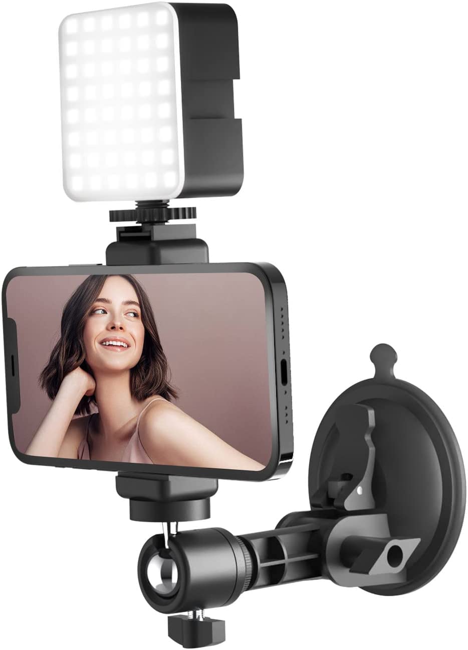 LenTok Suction Cup Mirror Phone Holder with Light, Travel Wall Phone Camera Mount for Makeup Content Creator Essentials, Mirror Tripod for Bathroom Kitchen Compatile with All Smooth Surface