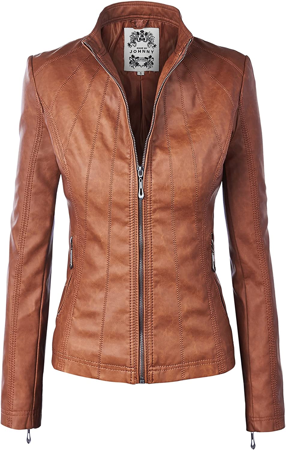 Made By Johnny MBJ Womens Faux Leather Zip Up Moto Biker Jacket with Stitching Detail