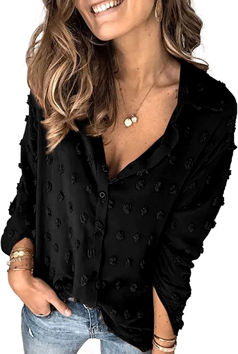 Astylish Women Pompom Button Down Shirt Casual Blouse Top