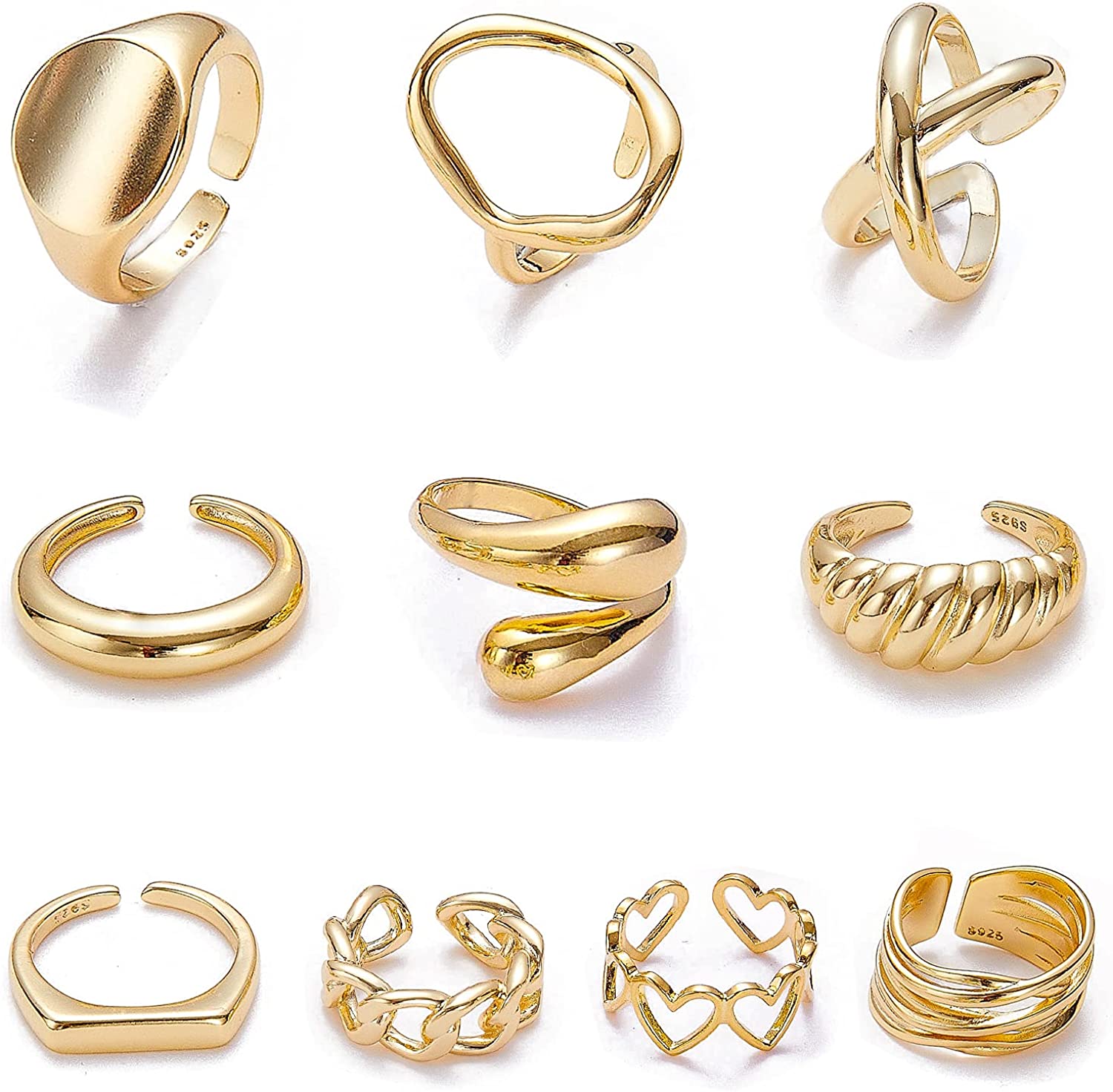 MOROYA 10PCS Gold Dome Chunky Rings for Women 18K Gold Plated Braided Twisted Round Signet Rings Adjustable Open Ring Band Statement Jewelry Size 7-9