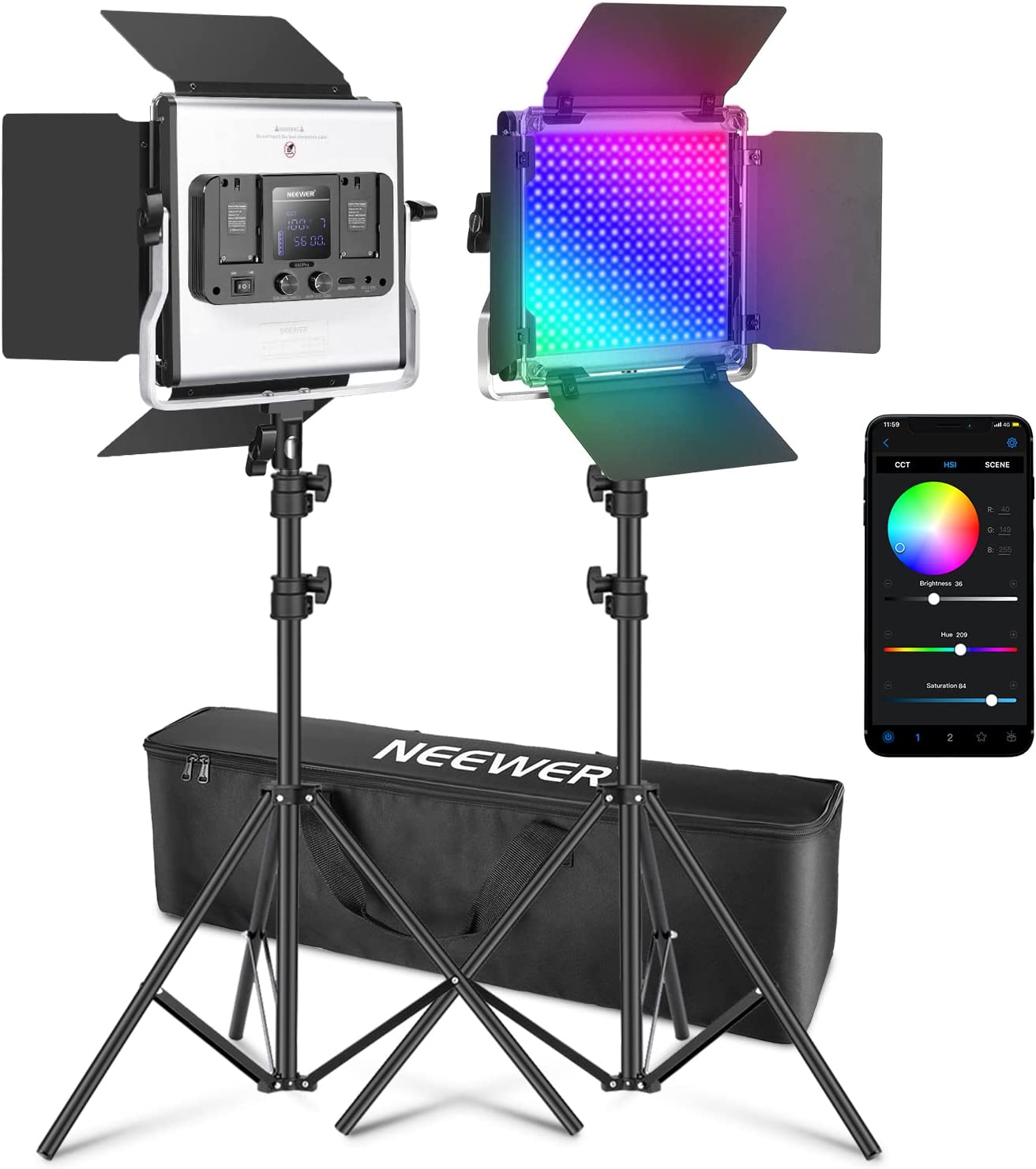 NEEWER Upgraded 660 PRO II RGB LED Video Light with App Control&Stand Kit, 2 Pack Constant 50W No Color Shift/1% Precise Min Dimming/360° RGB/CRI97+/3200K~5600K for Game Streaming YouTube Photography