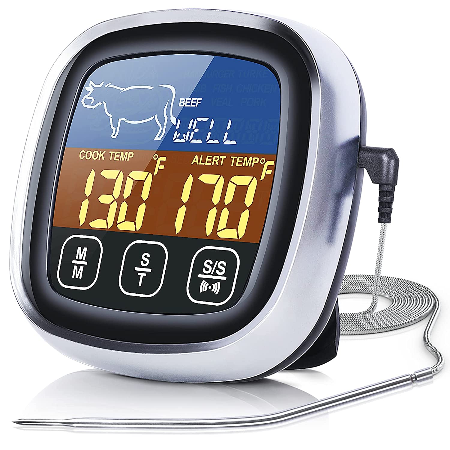 Pilita Digital Meat Thermometer for Cooking, 2022 Upgraded Touchscreen LCD Large Display Instant Read Food with Backlight, Long Probe, Kitchen Timer, BBQ, Oven, Silver