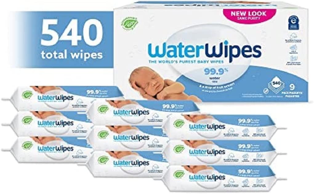 WaterWipes Plastic-Free Original Baby Wipes, 99.9% Water Based Wipes, Unscented & Hypoallergenic for Sensitive Skin, 540 Count (9 packs), Packaging May Vary