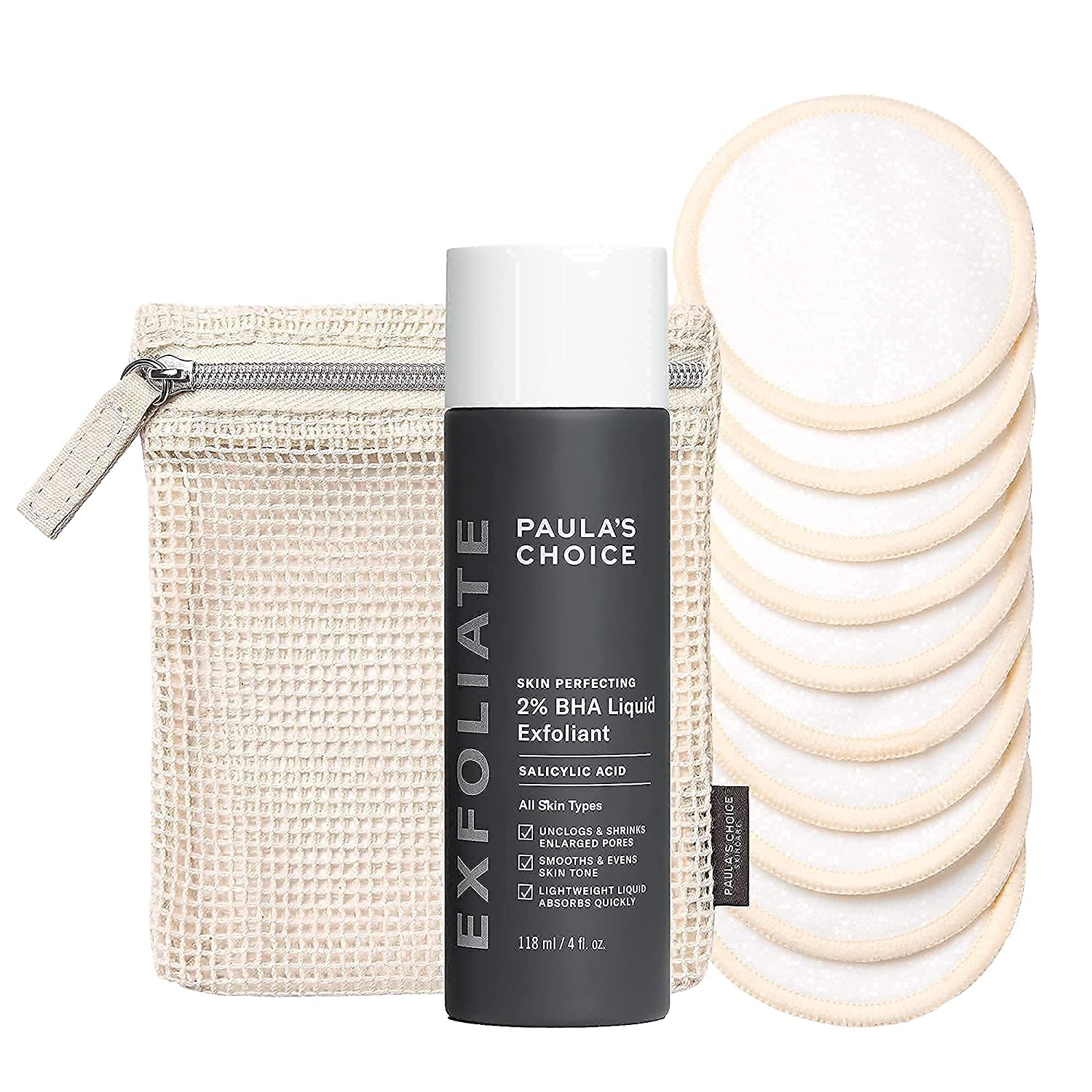 Paula’s Choice SKIN PERFECTING 2% BHA Salicylic Acid Liquid Exfoliant & Reusable Cotton/Bamboo Pads Duo, for Toner, Exfoliants & Makeup Remover, Eco-Friendly, Fragrance-Free & Paraben-Free, Set of 2