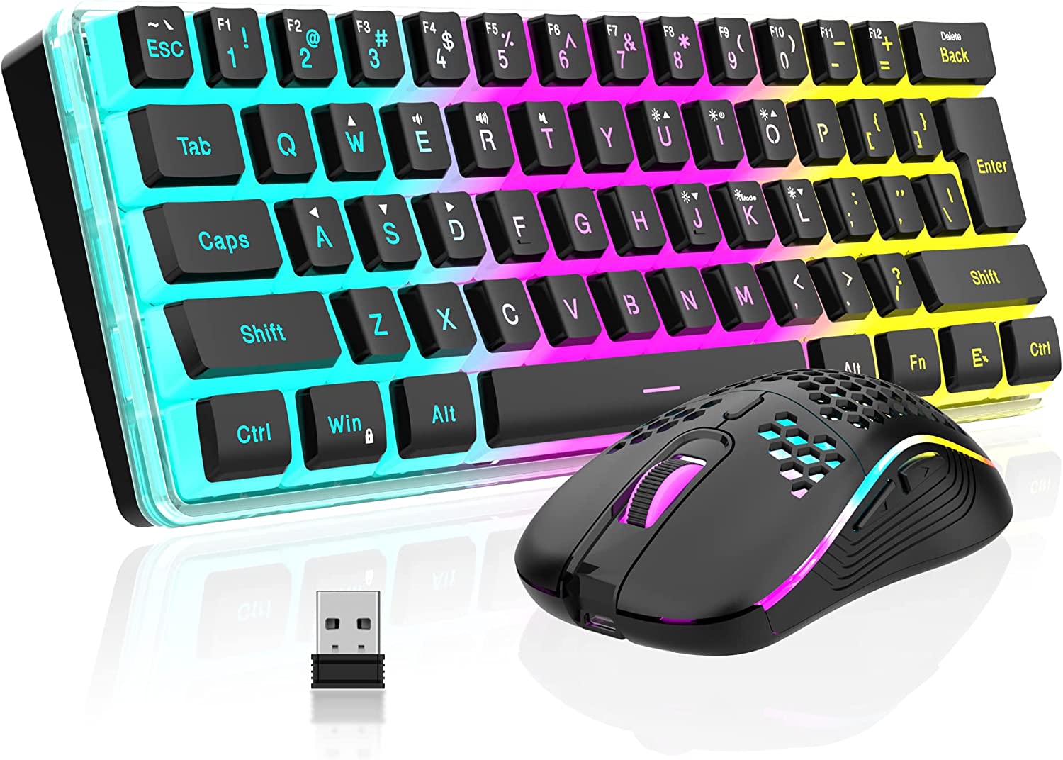 RedThunder 60% Wireless Gaming Keyboard and Mouse Combo, RGB Backlit Rechargeable Battery Mechanical Feel Keyboard with Pudding Keycaps + Lightweight 3200 DPI Honeycomb Optical Mouse (Black)