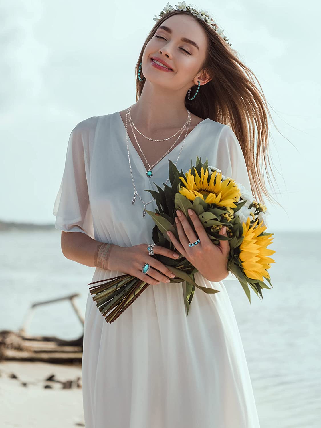 Ecally 6 Pcs Bohemian Western Jewelry for Women Turquoise Set Bohemian Pendant Long Choker Faux Leather Layered Bracelets Vintage Turquoise Dangle Earrings Gemstone Ring Boho Turquoise Jewelry Set