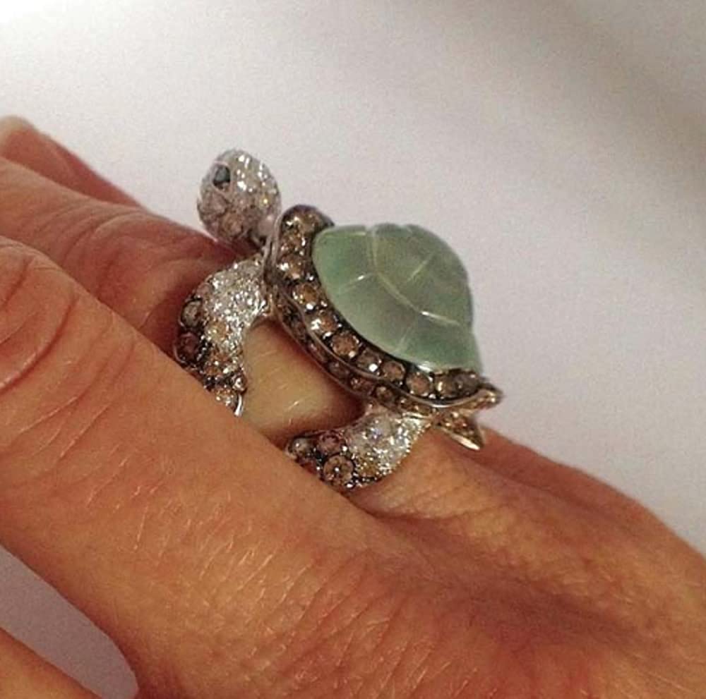 Awmnjtmgpw 925 Sterling Silver Ice Emerald Lovely Little Turtle Innovative Design Beach Wave Vacation Wave Ring Women&#39;s Precious Jewelry Size 5-11