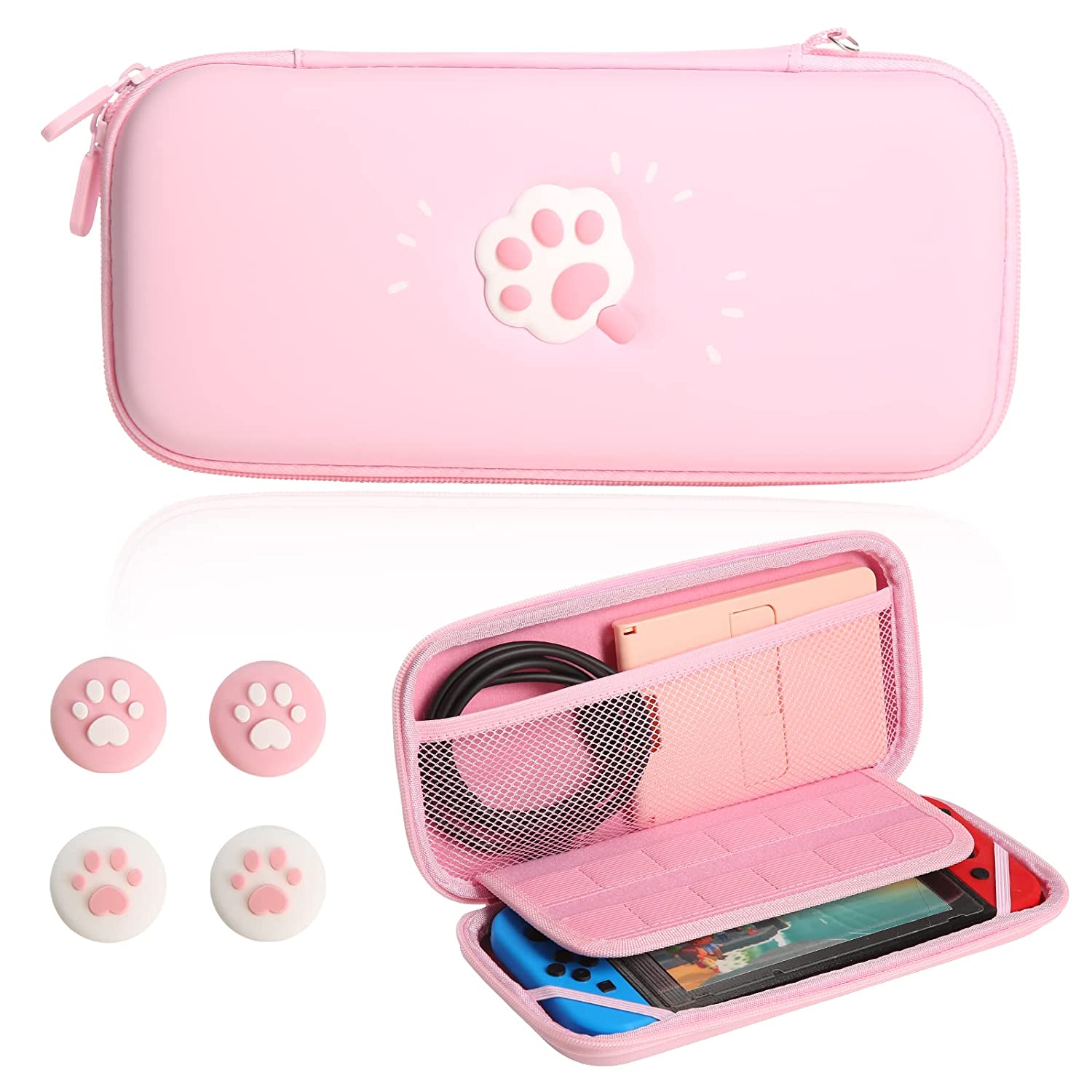 Carrying Case for Switch/Switch OLED Model (2021), Cute Cat Claw Hard Shell Portable Travel Case for Switch/Switch OLED Console & Accessories with 12 Game Card Slots & 4 Replaceable Thumb Grips Cap (P
