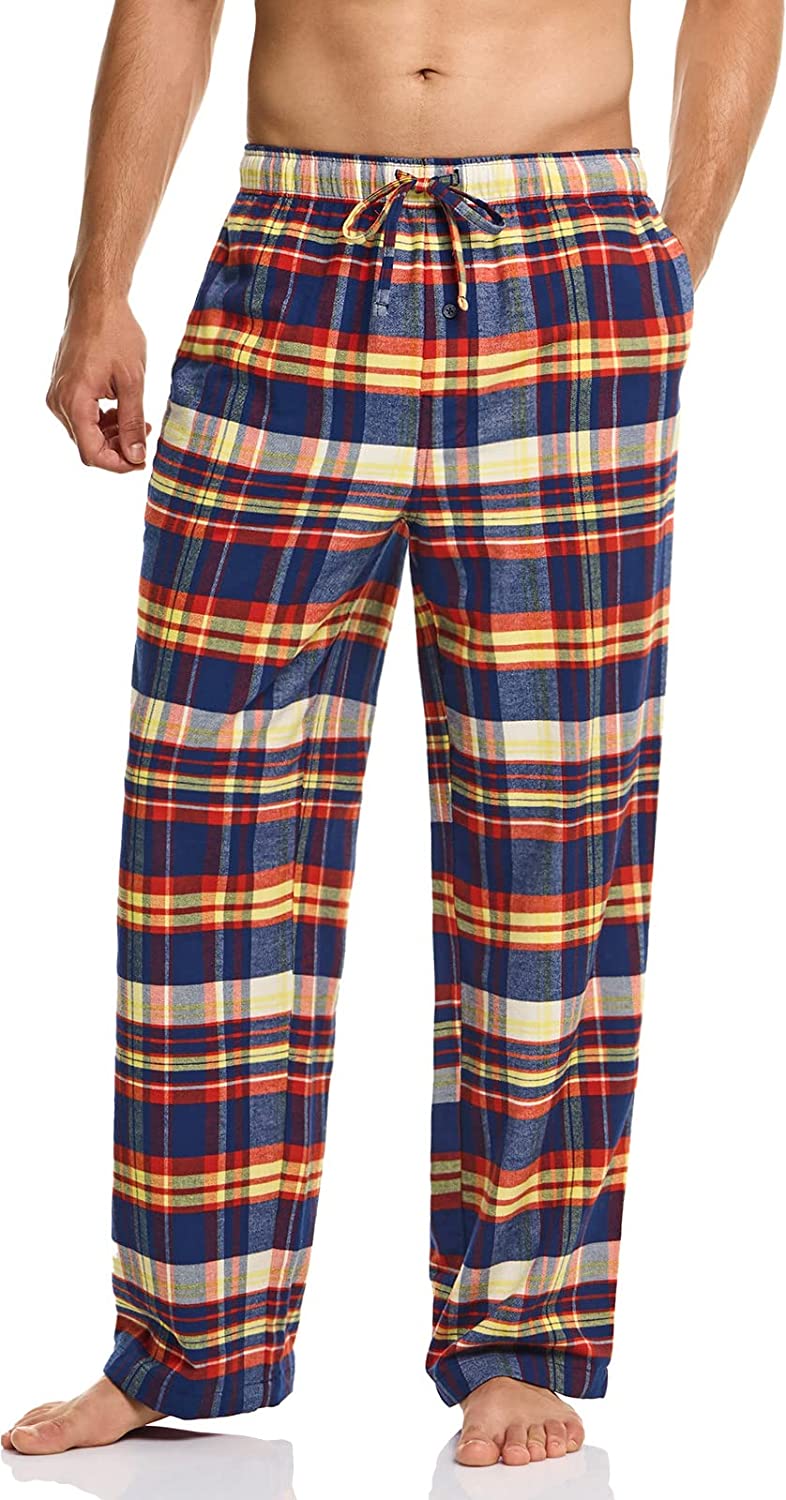 CQR Men's 100% Cotton Plaid Flannel Pajama Set, Brushed Soft Lounge & Sleep PJ Top & Bottom with Pockets