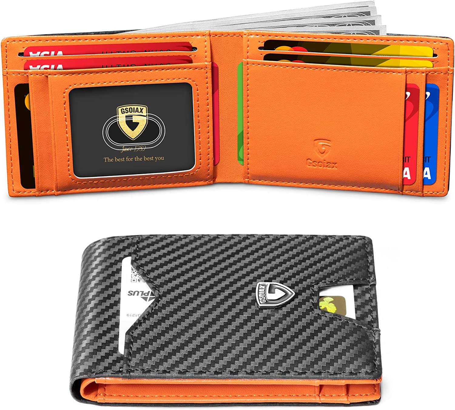 GSOIAX Mens Slim Wallet for Men Minimalist Genuine Leather Carbon Fiber Rfid Blocking Cowhide Bifold Credit Card Holder With Gift Box (Carbon Black and Orange)