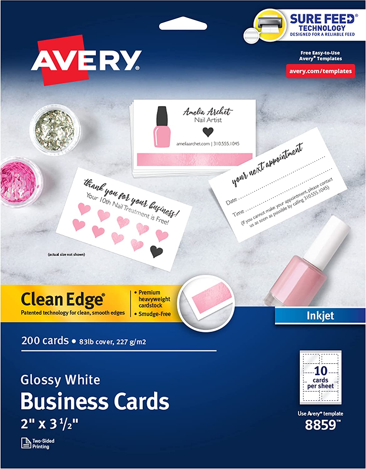 Avery Clean Edge Printable Business Cards with Sure Feed Technology, 2" x 3.5", Glossy White, 200 Blank Cards for Inkjet Printers (8859)