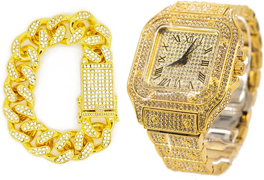 Staib Hip Hop Fashion Bling Iced Out Watch Unisex Rectangle Case Stainless Steel Quartz Crystal Watch Luxury Gold/Silver Wristwatch