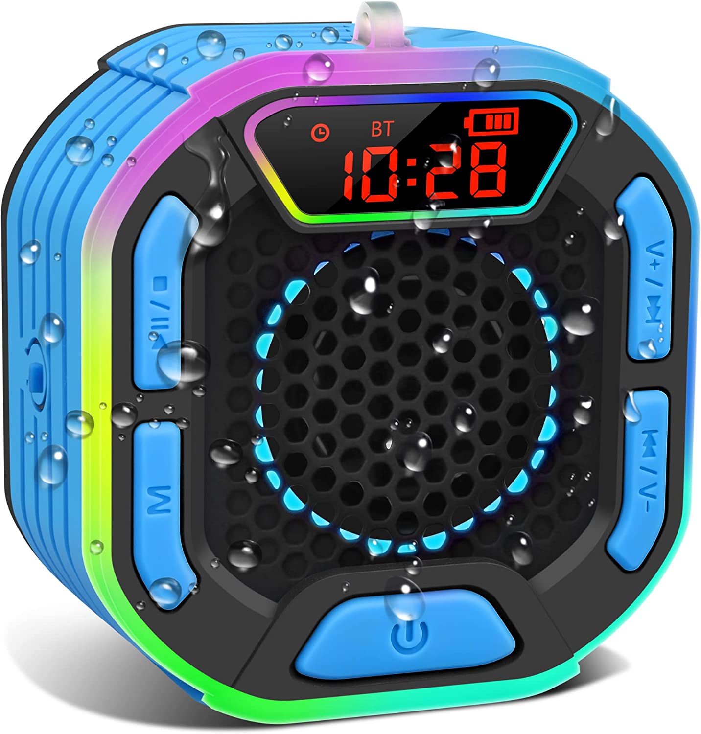 DuoTen Shower Speaker, IPX7 Waterproof Portable Bluetooth Wireless Speaker Shower Radio with Loud Stereo Sound, LED Display, Light Show, Suction Cup, Sturdy Hook for Home, Party, Outdoor, Travel, Pool
