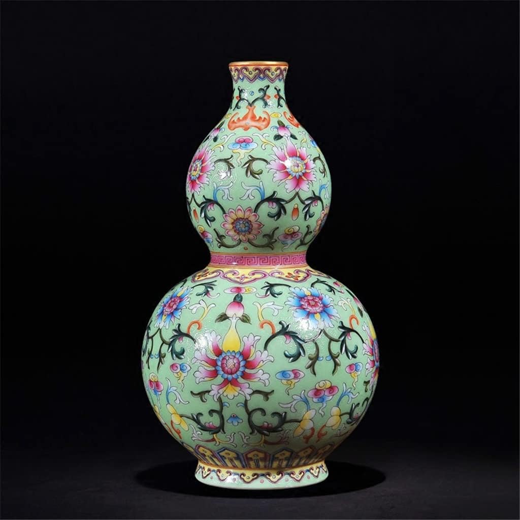ZSEDP Chinese Style Antique Green Ceramic Flower Vase Collection Jingdezhen Porcelain Gourd Decoration Vase