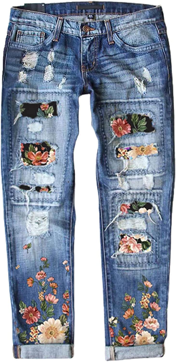 EVALESS Ripped Jeans for Women Plaid Patch Boyfriend Skinny Distressed Denim Jean Pants