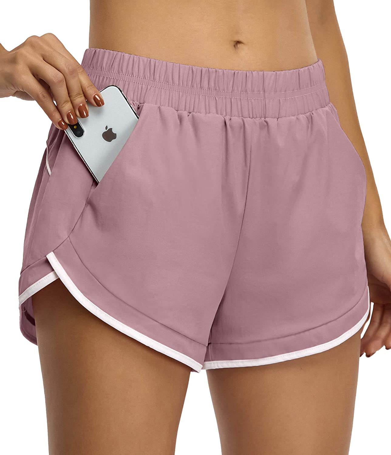 BLEVONH Women Elastic Waist Double Layer Casual Running Shorts with Side Pockets