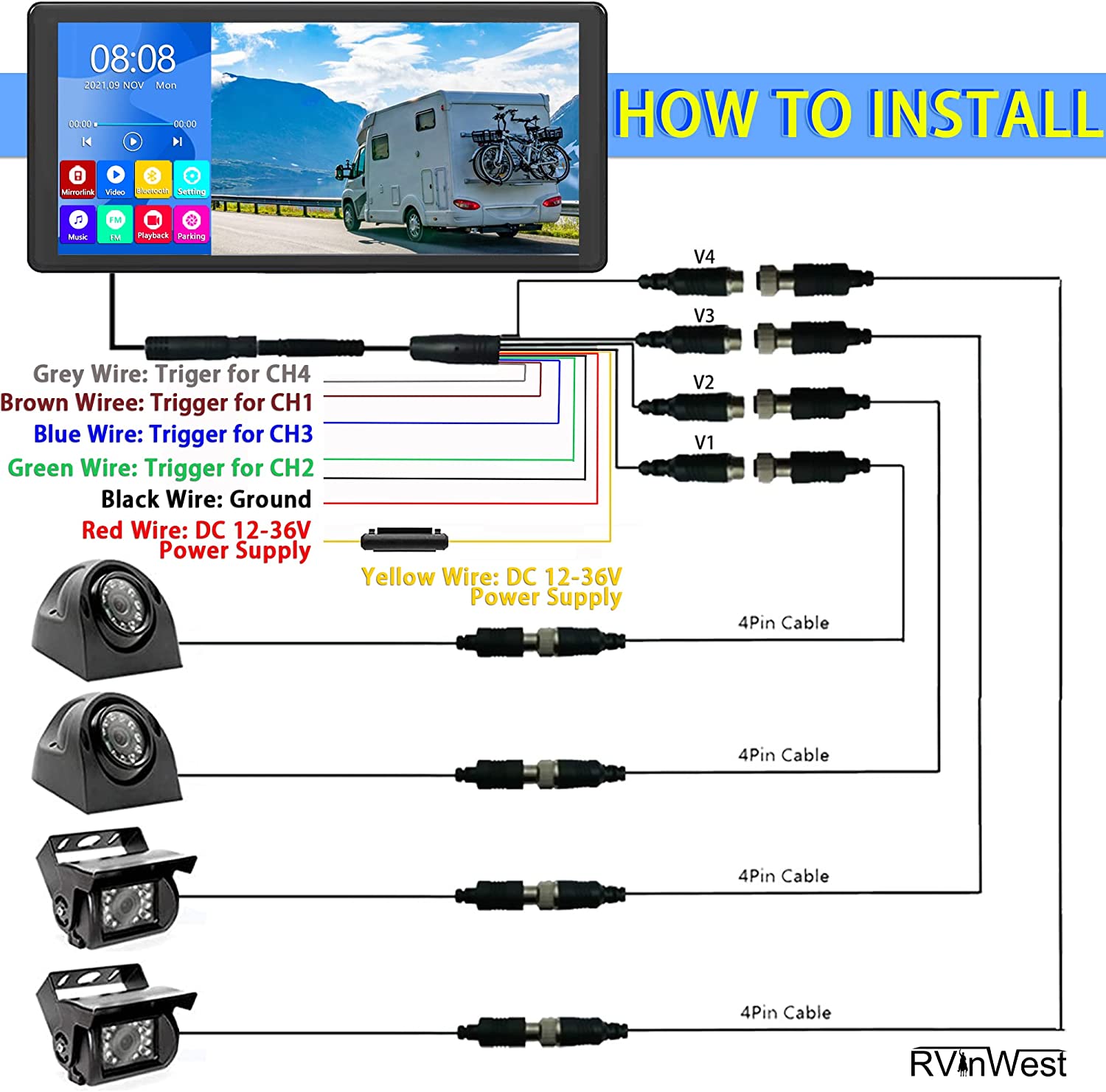 4K RV Camera System, Touch Screen 10.36 Inch DVR Quad 4 Split Screen Monitor with Bluetooth MP3 MP4 + IP69 Waterproof Night Vision 1080P Backup Rear Side View Wired Camera for RV Truck Trailer Camper