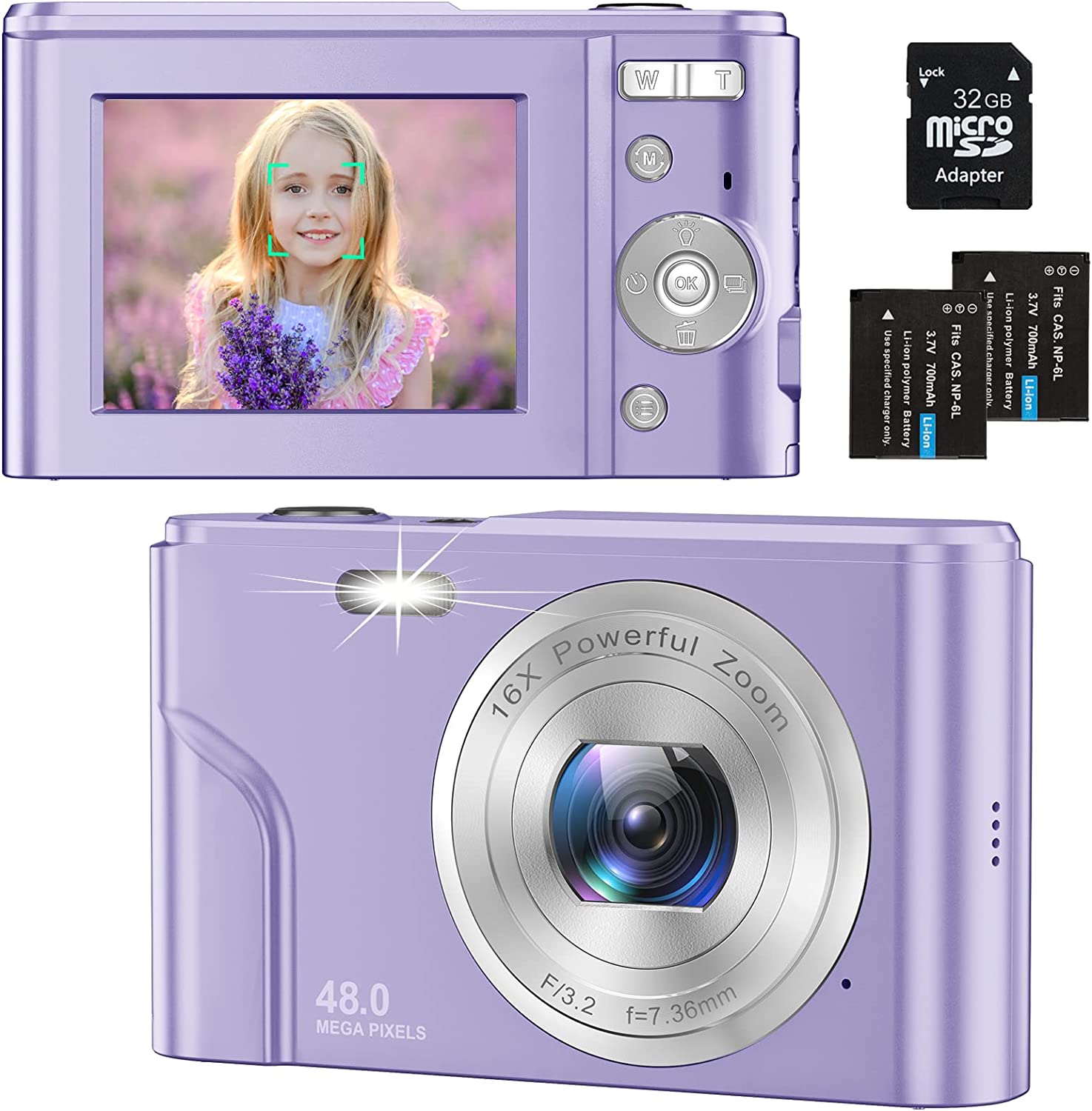 Digital Camera for Teens Kids, 1080P 48MP Kids Camera with 32GB SD Card, 2.4 Inch LCD Screen Kids Digital Camera with 16X Digital Zoom, Compact Kid Camera for Kids Girls Boys Adults Beginners (Purple)