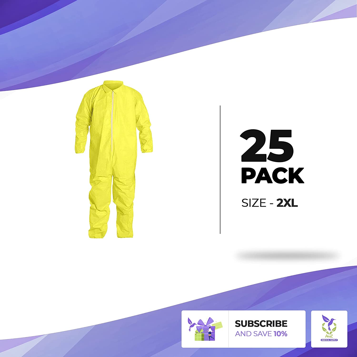 AMZ Medical Supply Disposable Coveralls for Men, Women, Pack of 5 Yellow Medium Hazmat Suits Disposable, PP+PE 82gsm Disposable Coverall Suit with Cut Wrists, Ankles, Waterproof Hazmat Suit Costume