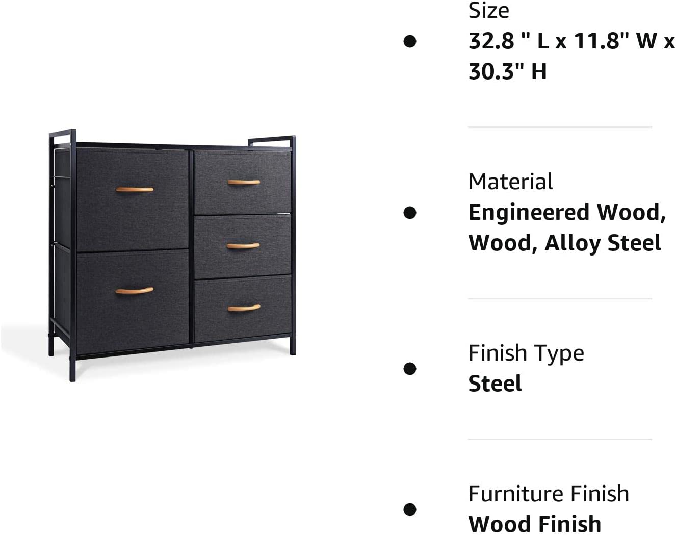 ROMOON Dresser Storage Drawer, 5 Fabric Units Organizer and Storage for Bedroom, Hallway, Entryway, Closets - Dark Gray