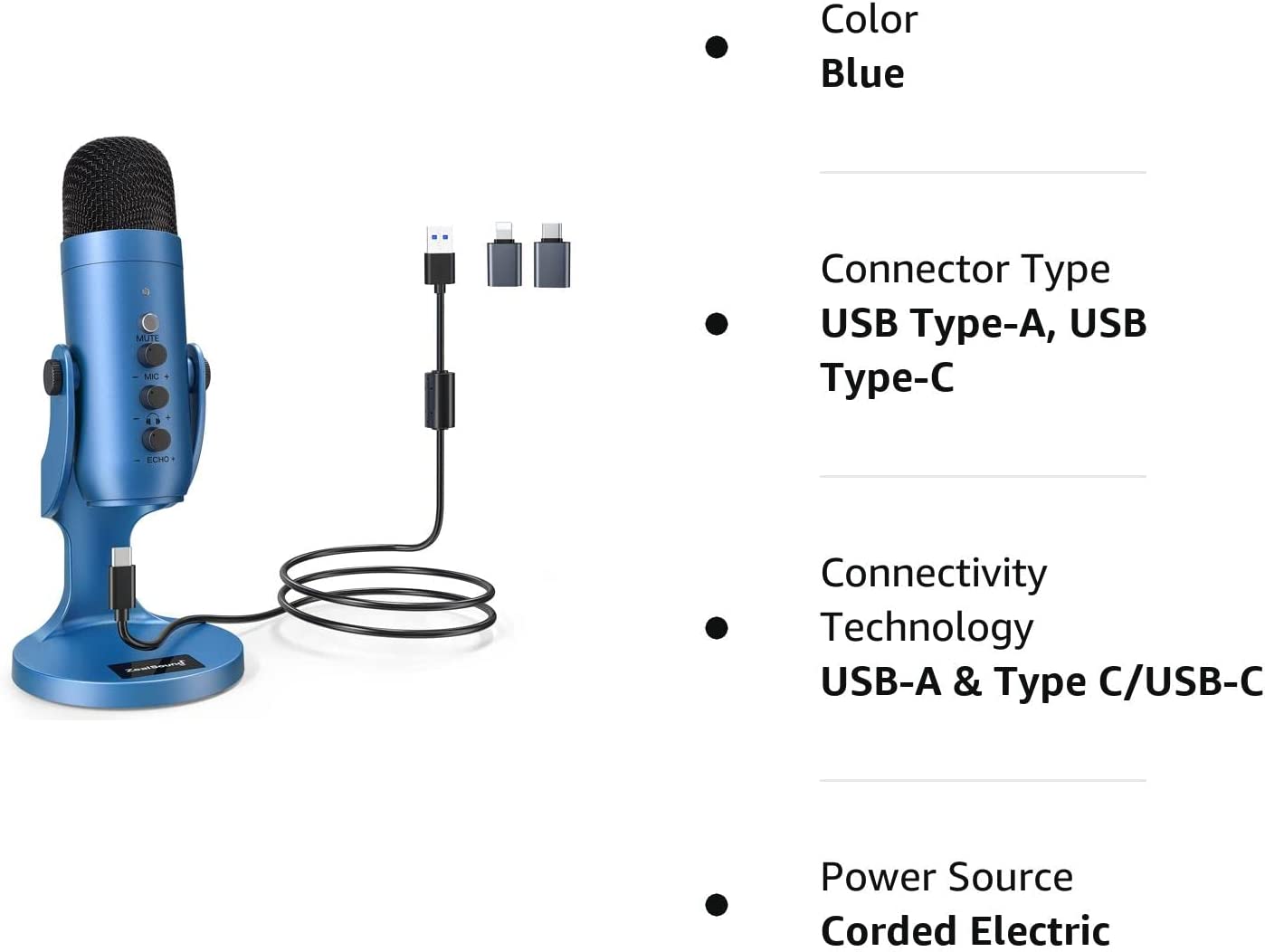 ZealSound USB Microphone,Condenser Gaming Mic for Phone/Laptop/PC/PS4/5/Computer,Microphone with Gain Knob,LED Mute,Monitor Volume Adjustment,Stand Base for Streaming, Podcast, Studio Recording (Blue)