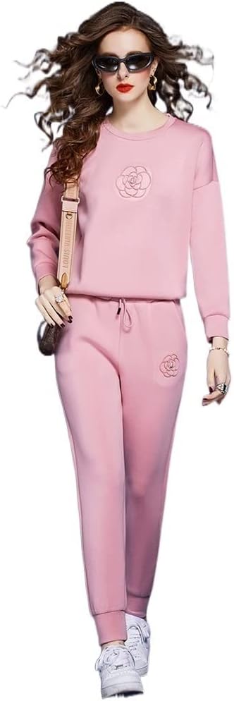 n/a Autumn Casual Sporty Pants Sets 2 Pieces Womens Outfits Winter Fashion Long Sleeve Hoodies Sweatshirt Trousers Suits Pink (Color : Pink, Size : XL Code)