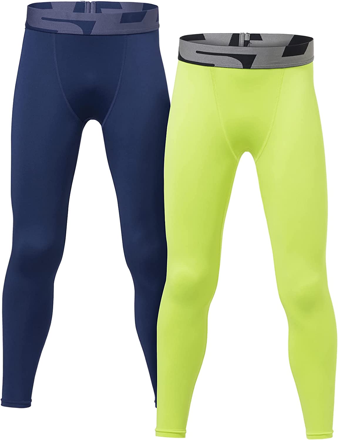 TSLA 1 or 2 Pack Boys Youth UPF 50+ Compression Pants Baselayer, Cool Dry Running Tights, 4-Way Stretch Workout Leggings