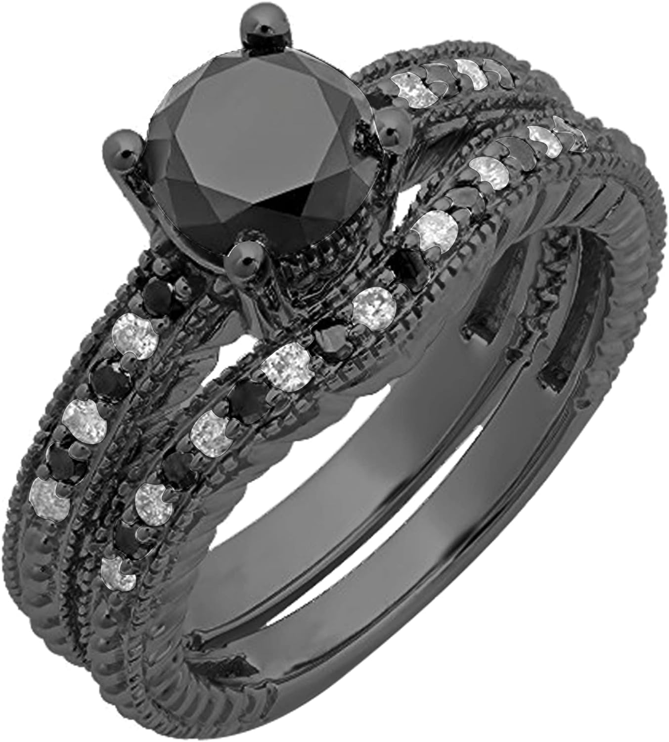 Dazzlingrock Collection 1.75 Carat (ctw) Round Black & White Diamond Bridal Engagement Ring Band Set for Her in Black Plated 10K White Gold