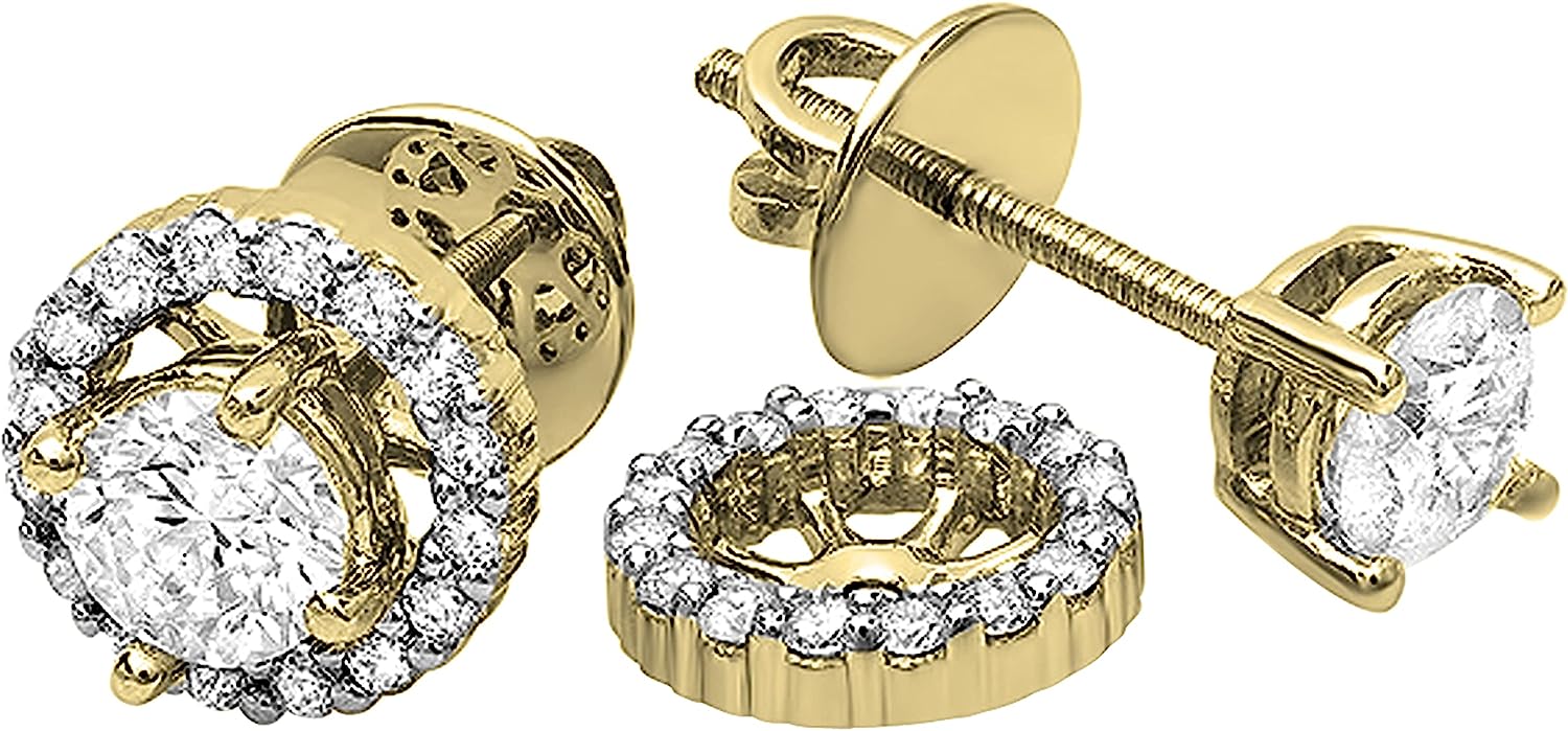 Dazzlingrock Collection 1.00 Carat (ctw) Round White Diamond Halo Screwback Stud Earrings with Detachable Jackets for Women | Available in 10K/14K/18K Gold