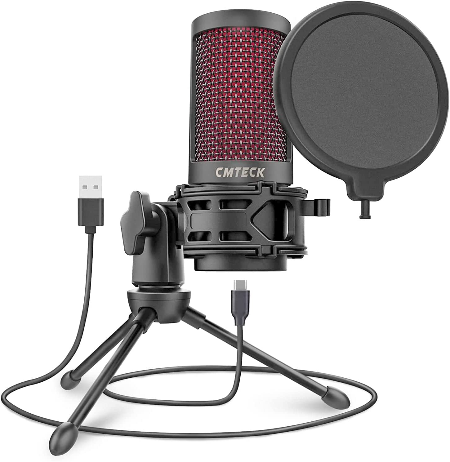 CMTECK USB Microphone, Podcast Microphone with Pop Filter & Mute Button, Compatible Desktop Computer and Laptop (Black)