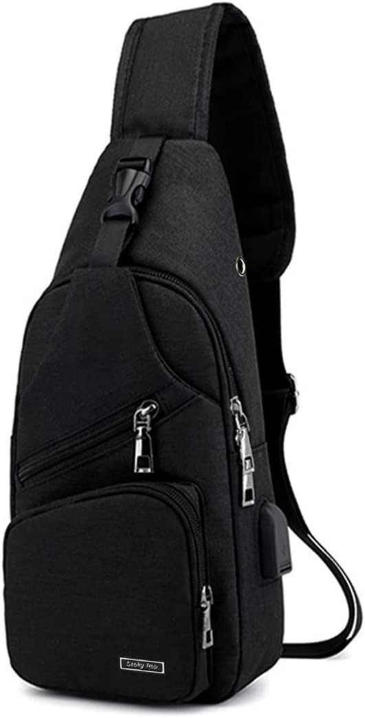 Men Women Sling Backpack Anti Theft Crossbody Shoulder Chest Bag with USB Charging Port Black