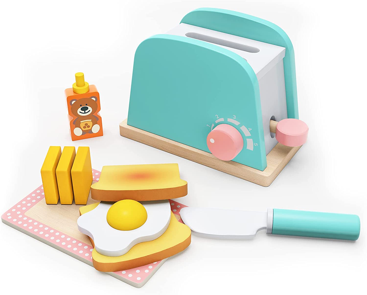 Toy Kitchen Wooden Pop-Up Toaster Play Set 10 Pcs, Interactive Early Learning Toaster, Exclusive Chopping Board, Knife, Poached Egg Honey Bear and Sliceable Butter, Fun and Colorful for Girls and Boys
