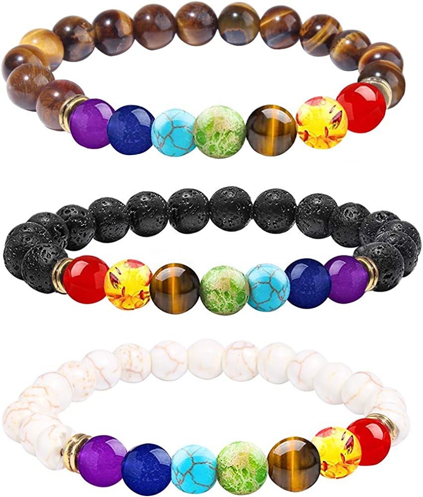 ONESING 2-12 Pcs Chakra Bracelets for Women Lava Rock 7 Chakras Crystals and Healing Stones Bracelets 8mm Crystal Bracelets Yoga Beaded Bracelets for Women Men Essential Oil Diffuser
