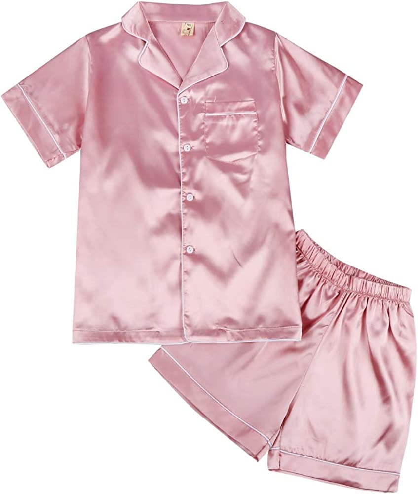 Weixinbuy Pajama Set for Kid Baby Boy Girl Button-up Silk Pajama Sleepwear Nightwear Loungewear Clothes Set Gifts for Kids