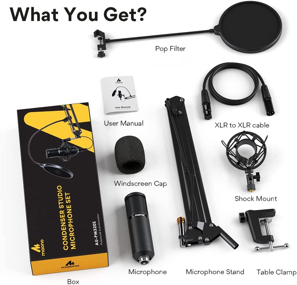 MAONO XLR Condenser Microphone, Professional Cardioid Studio Recording Mic for Streaming, Podcasting, Singing, Voice-Over, Vocal, Home-Studio, YouTube, Skype, Twitch (PM320S)